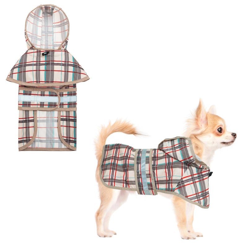 KOOLTAIL Dog Raincoat Hooded Slicker Poncho with Leash Hole, Raincoat for Small Medium Dogs, Waterproof Doggie Rain Jacket with Reflective Strip, Adjustable Breathable Plaid Puppy Rainwear,Beige S - Image 1